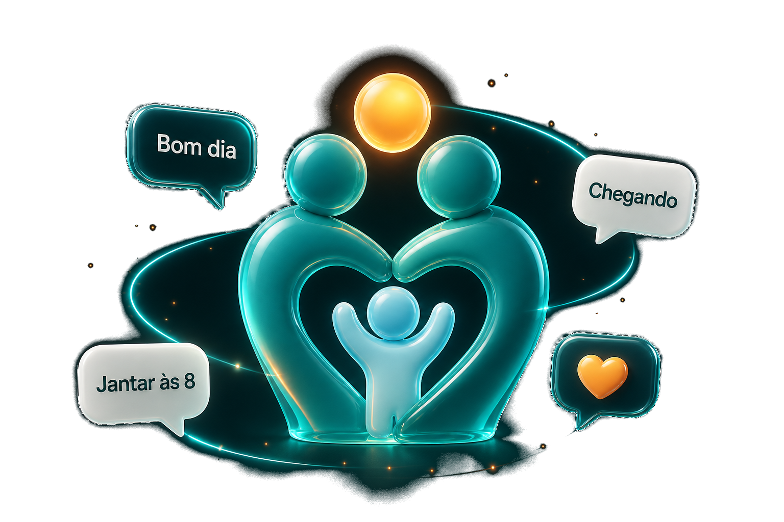 Família conectada no FamilyConnect, com mensagens em um círculo protegido