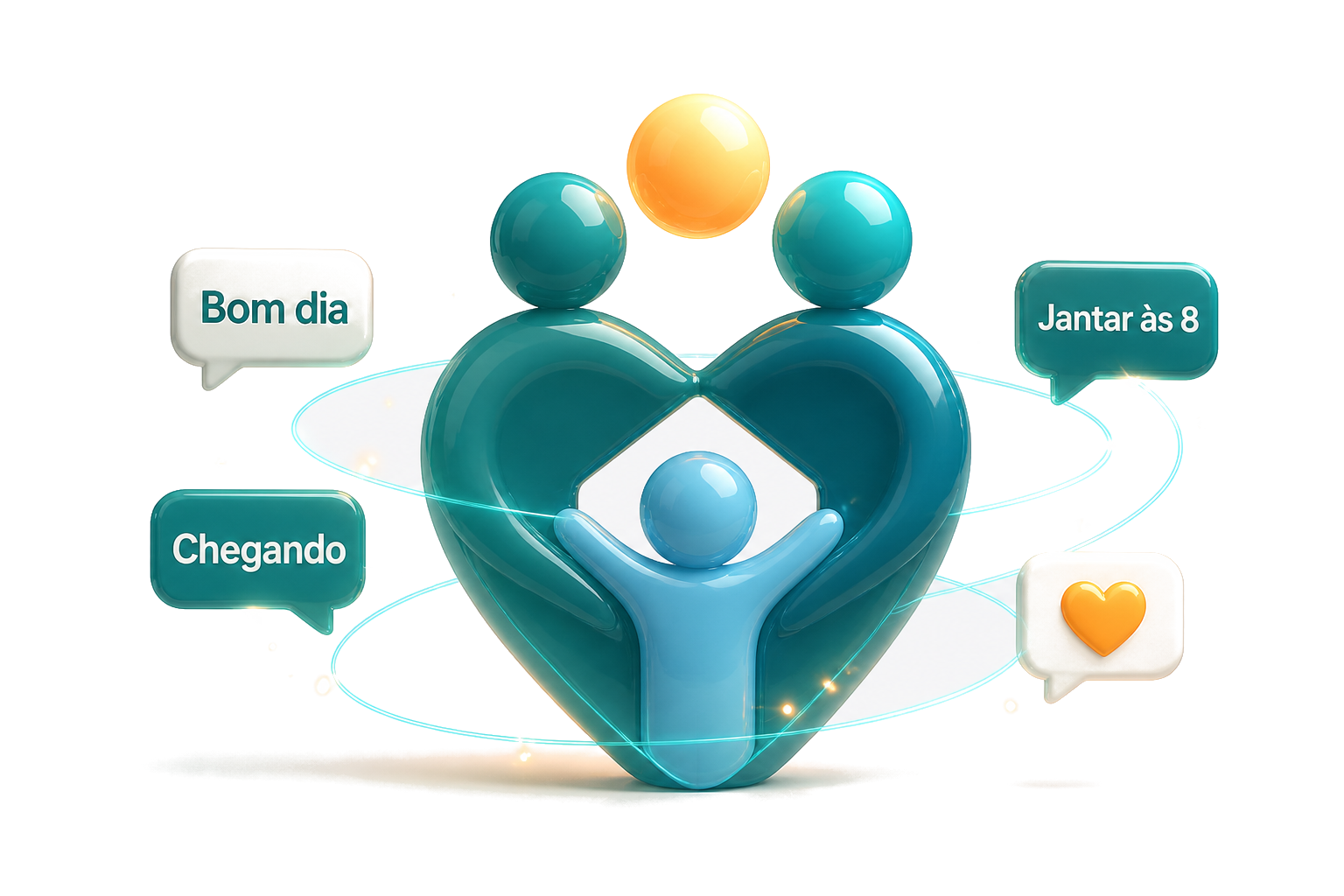 Família conectada no FamilyConnect, com mensagens em um círculo protegido